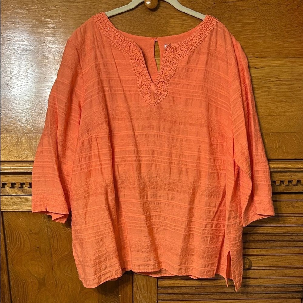 Alfred Dunner Woman 20W Coral Orange Textured 3/4 Sleeve Embroidered Neck Boho